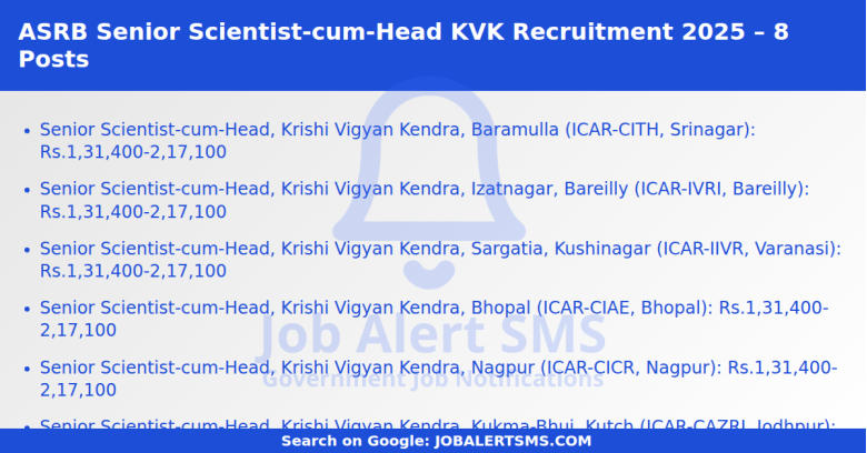 ASRB Senior Scientist-cum-Head KVK Recruitment 2025 – 8 Posts