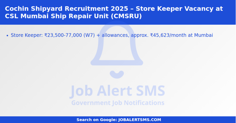 Cochin Shipyard Recruitment 2025 – Store Keeper Vacancy at CSL Mumbai Ship Repair Unit (CMSRU)