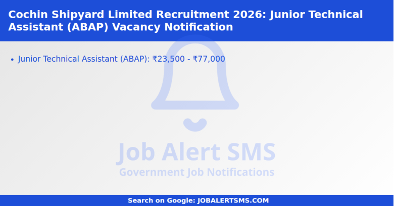 Cochin Shipyard Limited Recruitment 2026: Junior Technical Assistant (ABAP) Vacancy Notification