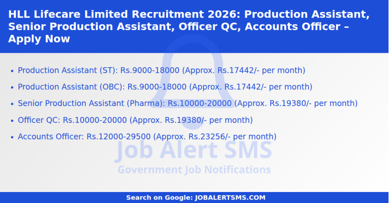 HLL Lifecare Limited Recruitment 2026: Production Assistant, Senior Production Assistant, Officer QC, Accounts Officer – Apply Now